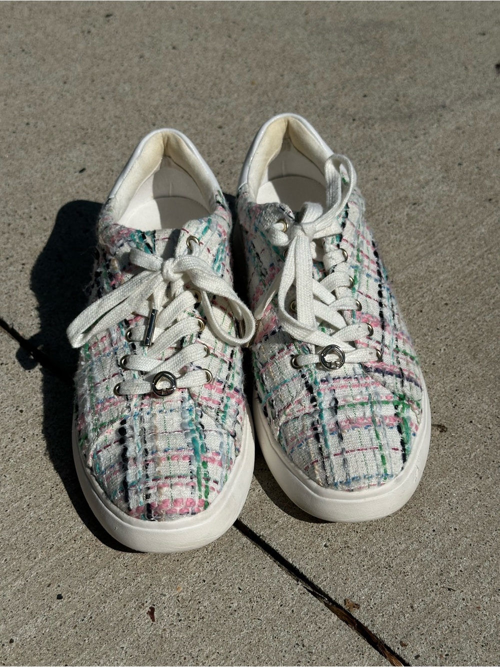 Kate Spade New York Lift Sneakers White Tweed with Pink, blue, & Green Threads